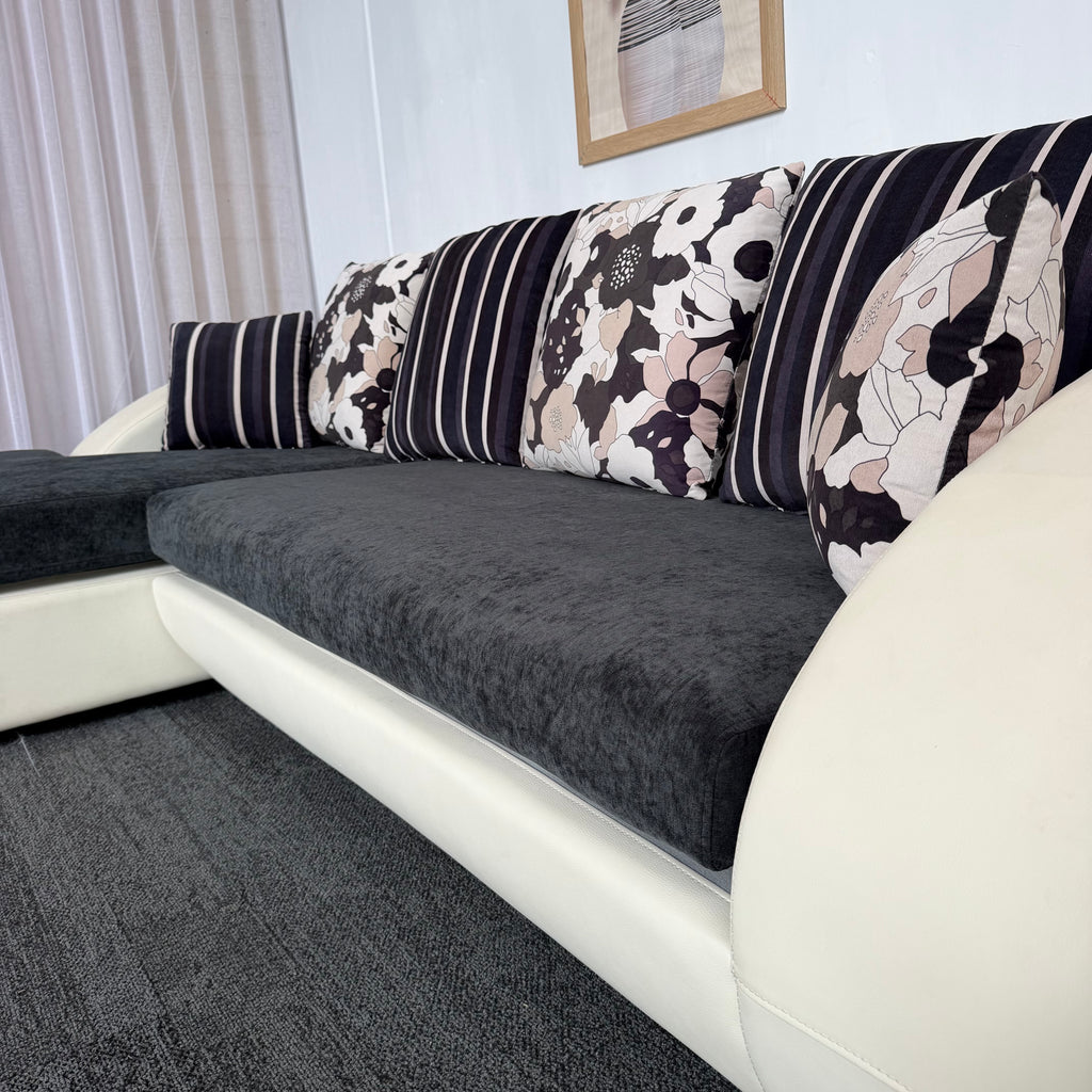Designer Leather & Fabric Sofa with Chaise + Armchair