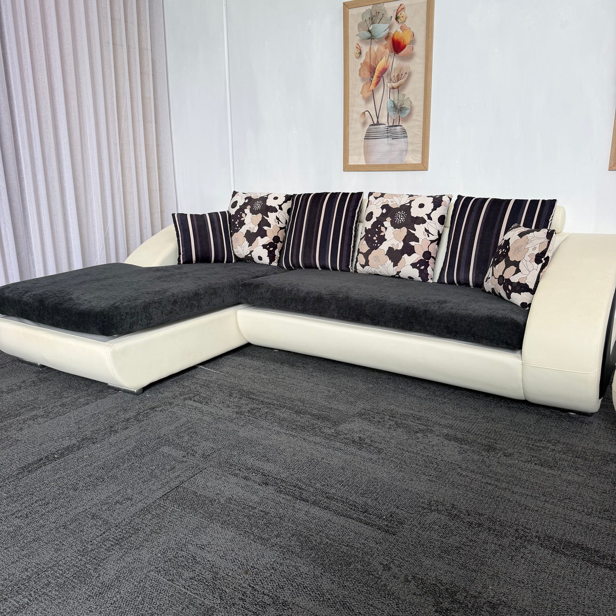 Designer Leather & Fabric Sofa with Chaise + Armchair